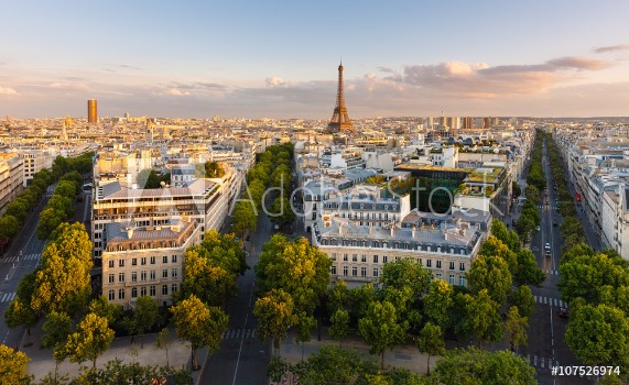 Bild på Paris from above showcasing rooftops the Eiffel Tower tree-lined avenues with haussmannian buildings lit by the setting sun Avenue Kleber Avenue dIena and Avenue Marceau 16th arrondissement